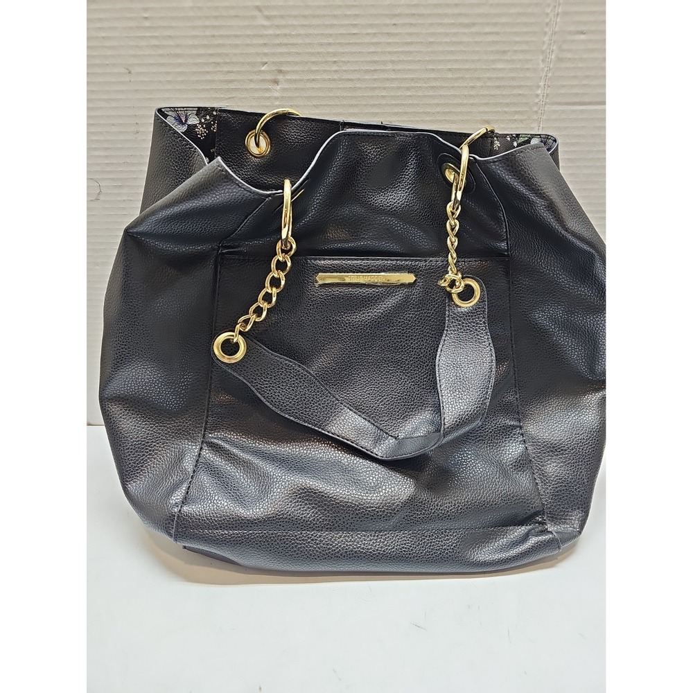 Steve Madden Black Shoulder Bag Floral Accents Gold Hardware Inner Pockets